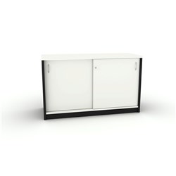 OM CREDENZA 1200W X 450D X 720MMH LOCKABLE SLIDING DOORS WHITE AND CHARCOAL