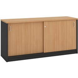 OM CREDENZA 1500W X 450D X 720MMH LOCKABLE SLIDING DOORS BEECH AND CHARCOAL