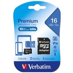 VERBATIM PREMIUM MICRO SDHC MEMORY CARD WITH ADAPTER CLASS 16GB BLACK