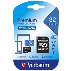 VERBATIM PREMIUM MICRO SDHC MEMORY CARD WITH ADAPTER CLASS 32GB BLACK