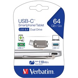 VERBATIM USB-C SMART PHONE/TABLET DUAL USB DRIVE 3.1 64GB BLACK