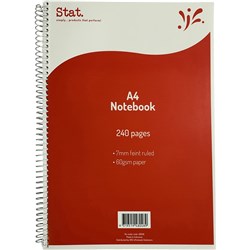 STAT NOTEBOOK SPIRAL A4 7MM RULED 60GSM 240 PAGE RED