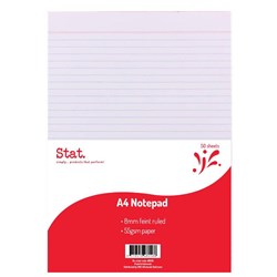 STAT NOTEPAD A4 8MM RULED 55GSM WHITE 50 SHEET