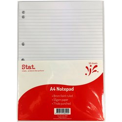 STAT NOTEPAD A4 8MM RULED 55GSM WHITE 7 HOLE PUNCHED 50 SHEETS