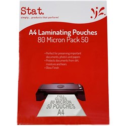 STAT LAMINATING POUCH A4 80 MICRON GLOSS PACK OF 50
