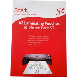 STAT LAMINATING POUCH A3 80 MICRON GLOSS PACK OF 50