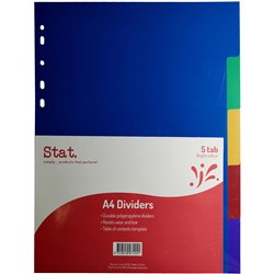 STAT PLASTIC DIVIDER A4 5 TAB MULTI COLOUR