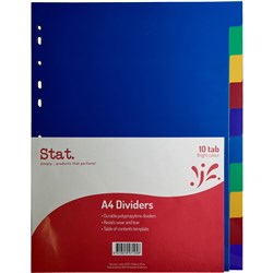 STAT PLASTIC DIVIDER A4 10 TAB MULTI COLOUR