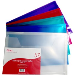 STAT DOCUMENT WALLET FOOLSCAP POLYPROPYLENE 30MM GUSSET LOOP CLOSURE ASSORTED PACK OF 10