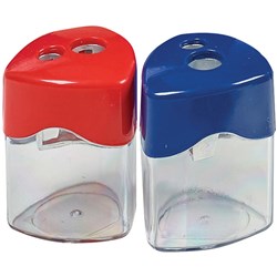 STAT SHARPENER DOUBLE HOLE METAL WITH CLEAR CANISTER ASSORTED