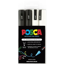 UNI POSCA PC-5M PAINT MARKER MEDIUM 2.5MM BULLET TIP BLACK AND WHITE WALLET OF 4
