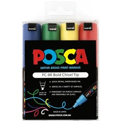 UNI POSCA PC-8K PAINT MARKER BROAD 8MM CHISEL TIP ASSORTED COLOURS WALLET OF 4