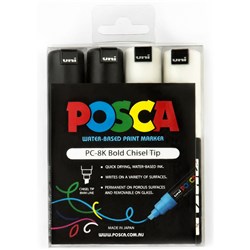 UNI POSCA PC-8K PAINT MARKER BROAD 8MM CHISEL TIP BLACK AND WHITE WALLET OF 4