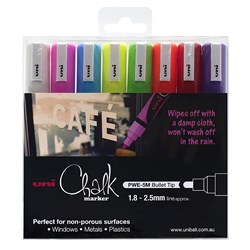 UNI LIQUID CHALK MARKER 2.5MM BULLET TIP ASSORTED COLOURS PACK OF 8