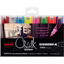 UNI LIQUID CHALK MARKER 8.0MM CHISEL TIP ASSORTED COLOURS PACK OF 8