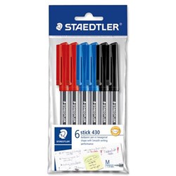 STAEDTLER 430 STICK BALLPOINT PENS MEDIUM 1MM ASSORTED PACK OF 6