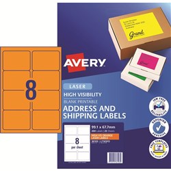 Avery High Visibility Shipping Laser Label Orange L7165FO 99.1x67.7mm 8UP 200 Labels