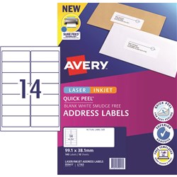 AVERY QUICK PEEL ADDRESS LASER & INKJET LABELS WHITE L7163 99.1 X 38MM 14UP 140 LABELS