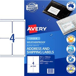 AVERY WEATHERPROOF ADDRESS & SHIPPING LASER WHITE L7071 99.1X139MM 4UP 40 LABELS