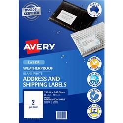 AVERY WEATHERPROOF ADDRESS & SHIPPING LASER WHITE L7072 199.6 X 143.5MM 2UP 20 LABELS