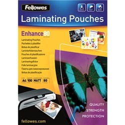 FELLOWES LAMINATING POUCH A4 80 MICRON MATTE PACK OF 100