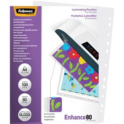 FELLOWES LAMINATING POUCH A4 80 MICRON PRE-PUNCHED GLOSS PACK OF 100