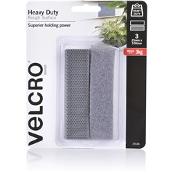 VELCRO BRAND HEAVY DUTY ROUGH SURFACE HOOK & LOOP 25 X 100MM PACK OF 3 GREY