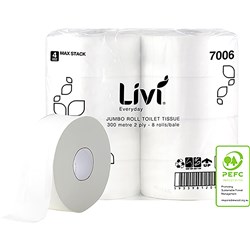 LIVI EVERYDAY TOILET PAPER JUMBO ROLL 2 PLY 300M PACK OF 8