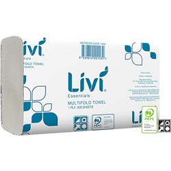 LIVI ESSENTIALS HAND TOWEL MULTIFOLD 1 PLY 200 SHEET BOX OF 20