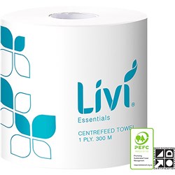 LIVI ESSENTIALS HAND TOWEL CENTREFEED ROLL 1 PLY 300M BOX OF 4