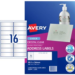 AVERY CRYSTAL CLEAR LASER ADDRESS LABELS 99.1X34MM 16UP 160 LABELS 10 SHEETS