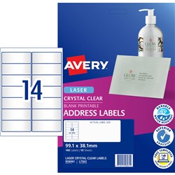 AVERY CRYSTAL CLEAR LASER ADDRESS LABELS 99.1X38.1MM 14UP 140 LABELS 10 SHEETS