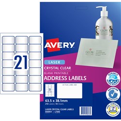 AVERY CRYSTAL CLEAR LASER ADDRESS LABELS 63.5X38.1MM 21UP 210 LABELS 10 SHEETS
