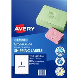 AVERY CRYSTAL CLEAR LASER ADDRESS LABELS 199.6X289.1MM 1UP 10 LABELS 10 SHEETS