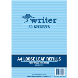 WRITER BINDER REFILLS A4 8MM RULED REINFORCED PACK OF 50