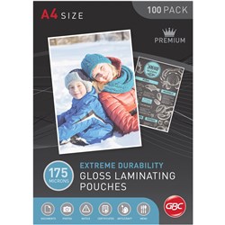 GBC LAMINATING POUCHES A4 175 MICRON GLOSS PACK OF 100