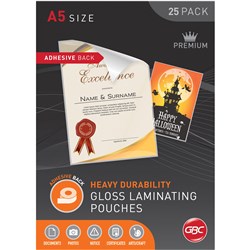 GBC LAMINATING POUCHES A5 125 MICRON ADHESIVE BACK GLOSS PACK OF 25