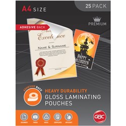 GBC LAMINATING POUCHES A4 125 MICRON ADHESIVE BACK GLOSS PACK OF 25