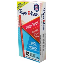 PAPERMATE WRITE BROS BALLPOINT PEN MEDIUM 1MM RED BOX OF 12