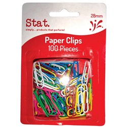 STAT PAPER CLIPS 28MM PACK OF 100 ASSORTED COLOURS