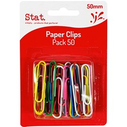 STAT PAPER CLIPS 50MM PACK OF 50 ASSORTED COLOURS