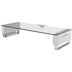 ERGOVIDA GLASS TOP MONITOR RISER WITH USB AND AV PORTS HEIGHT ADJUSTABLE ALLOY BASE