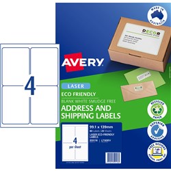 AVERY ECO FRIENDLY LABELS LASER PRINTER WHITE 99.1X139MM 4UP 80 LABELS