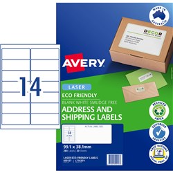 AVERY ECO FRIENDLY LABELS LASER PRINTER WHITE 99.1X38.1MM 14UP 280 LABELS