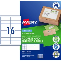 AVERY ECO FRIENDLY LABELS LASER PRINTER WHITE 99.1X34MM 16UP 320 LABELS