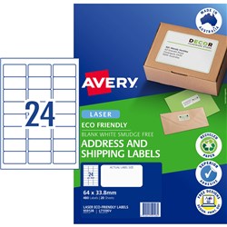 AVERY ECO FRIENDLY LABELS LASER PRINTER WHITE 64X33.8 MM 24UP 480 LABELS