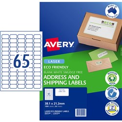 AVERY ECO FRIENDLY LABELS LASER PRINTER WHITE 38.1X21.2MM 65UP 1300 LABELS