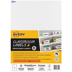 AVERY CLASSROOM LABELS LASER PRINTER 199.6 X 289.1MM WHITE 20 LABELS 20 SHEETS