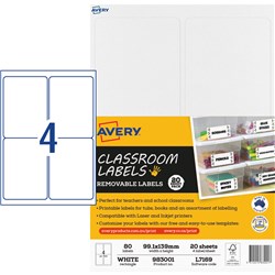 AVERY CLASSROOM LABELS LASER PRINTER 99.1 X 139MM WHITE 80 LABELS 20 SHEETS