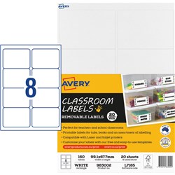 AVERY CLASSROOM LABELS LASER PRINTER 99.1 X 67.7MM WHITE 160 LABELS 20 SHEETS